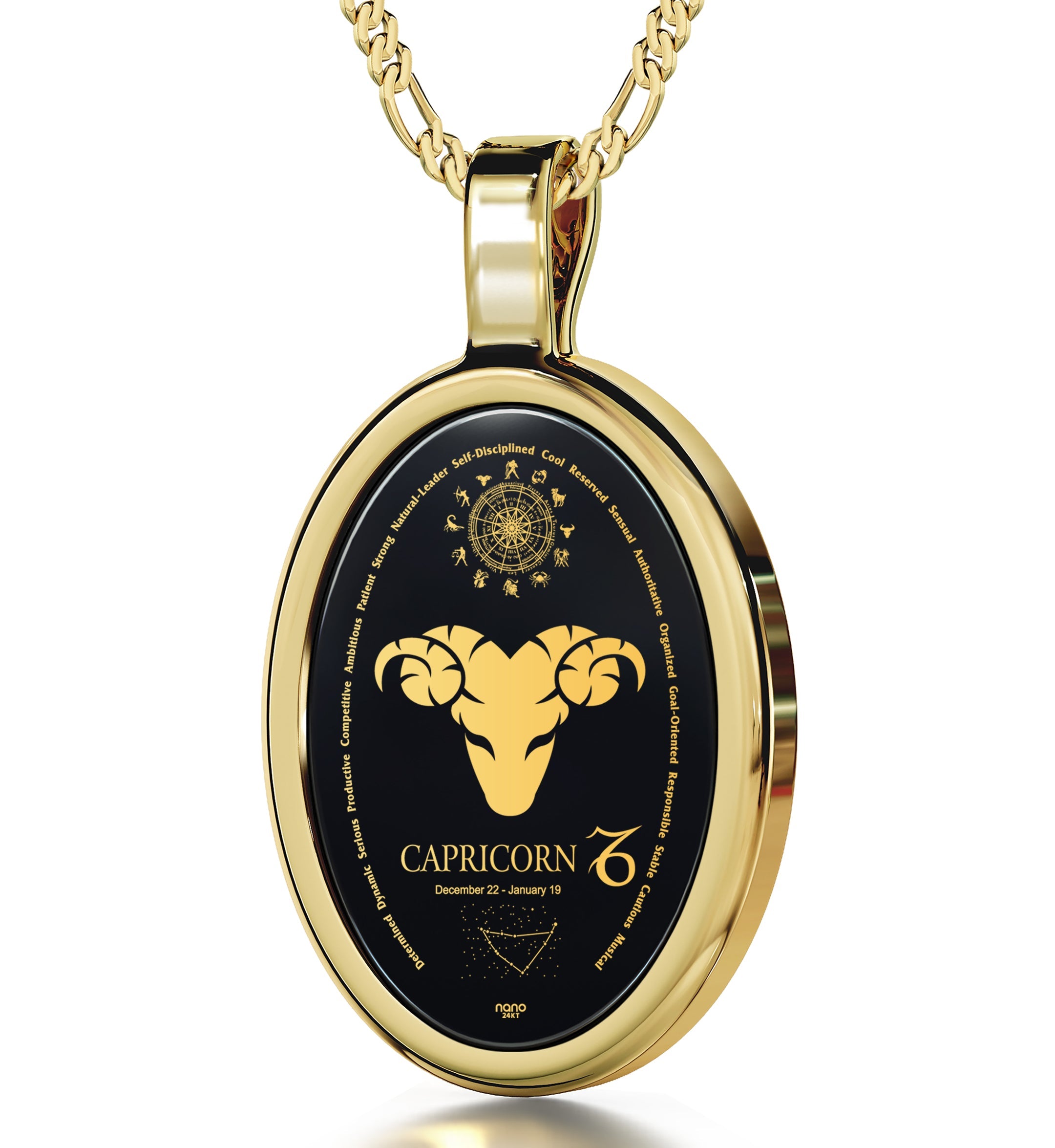 Round, gold and black Capricorn Necklace Zodiac Pendant 24k Gold Inscribed on Onyx Stone with date range and descriptive words around the perimeter.
