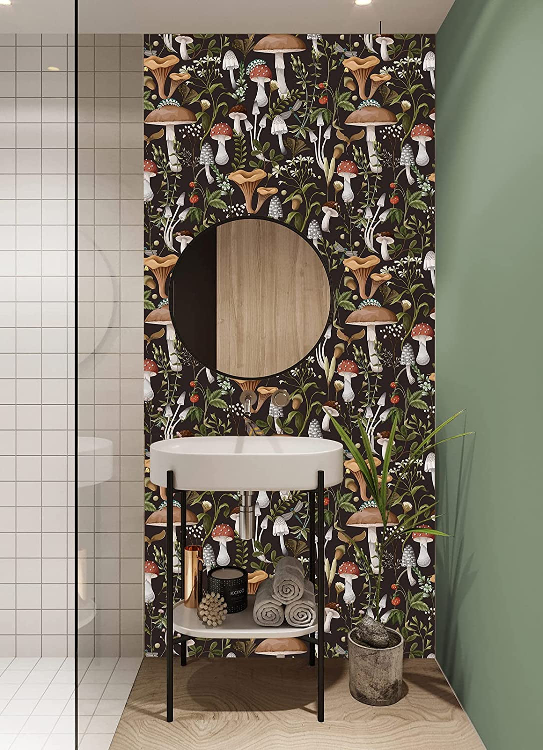 HAOKHOME 93279 Peel and Stick Wallpaper Boho Mushroom Removable Stick on Forest Contact Paper for Bathroom Black/Brown/Green 17.7In X 9.8Ft