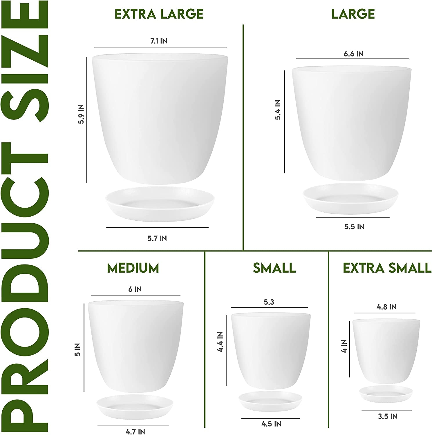 - Plant Pots Indoor with Drainage - 7/6.6/6/5.3/4.8 Inches Home Decor Flower Pots for Indoor Planter - Pack of 5 Plastic Planters for Indoor Plants, Cactus, Succulents Pot - White