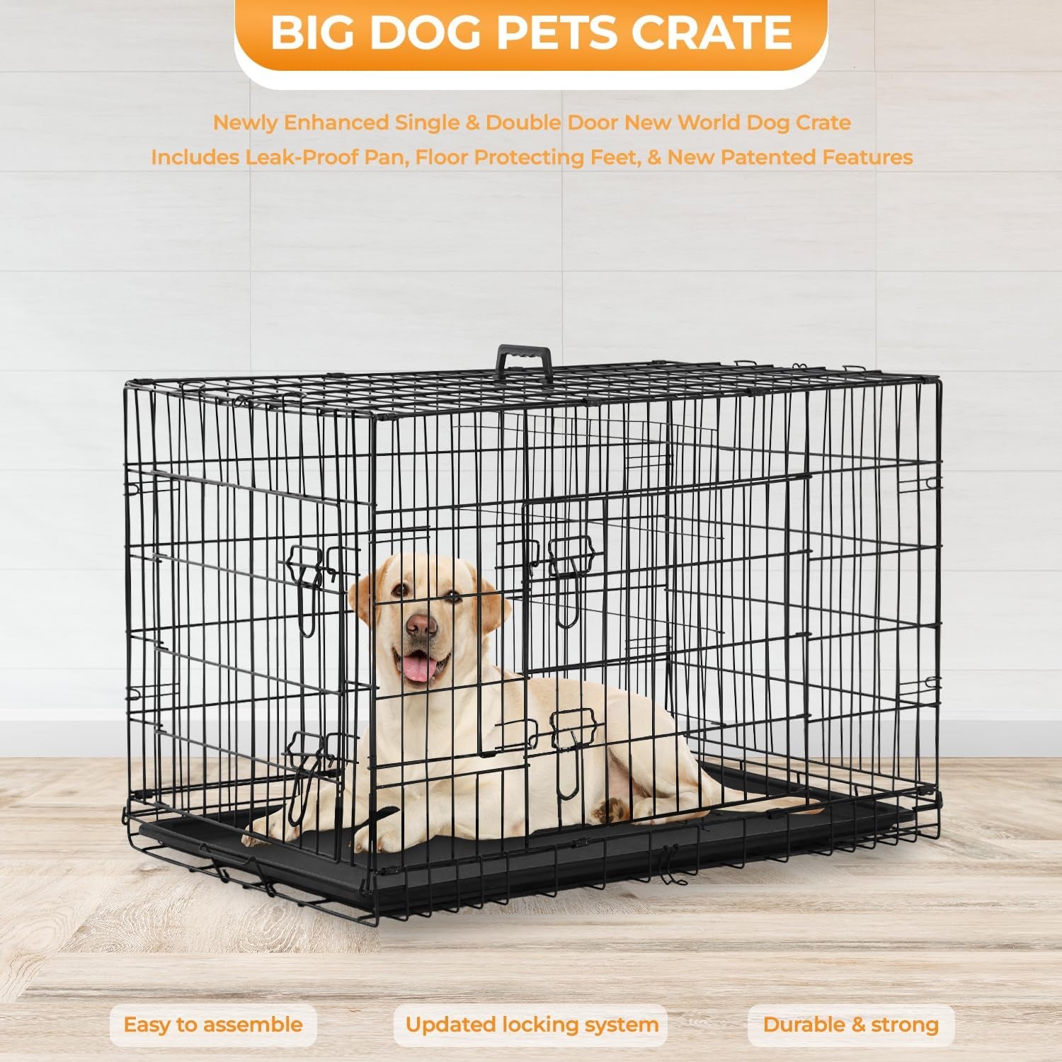 Large Dog Crate Kennel for Medium Large Dogs Metal Dog Cage Double-Door Folding Travel Indoor Outdoor Puppy Playpen with Divider and Handle Plastic Tray (42 Inch, Black)