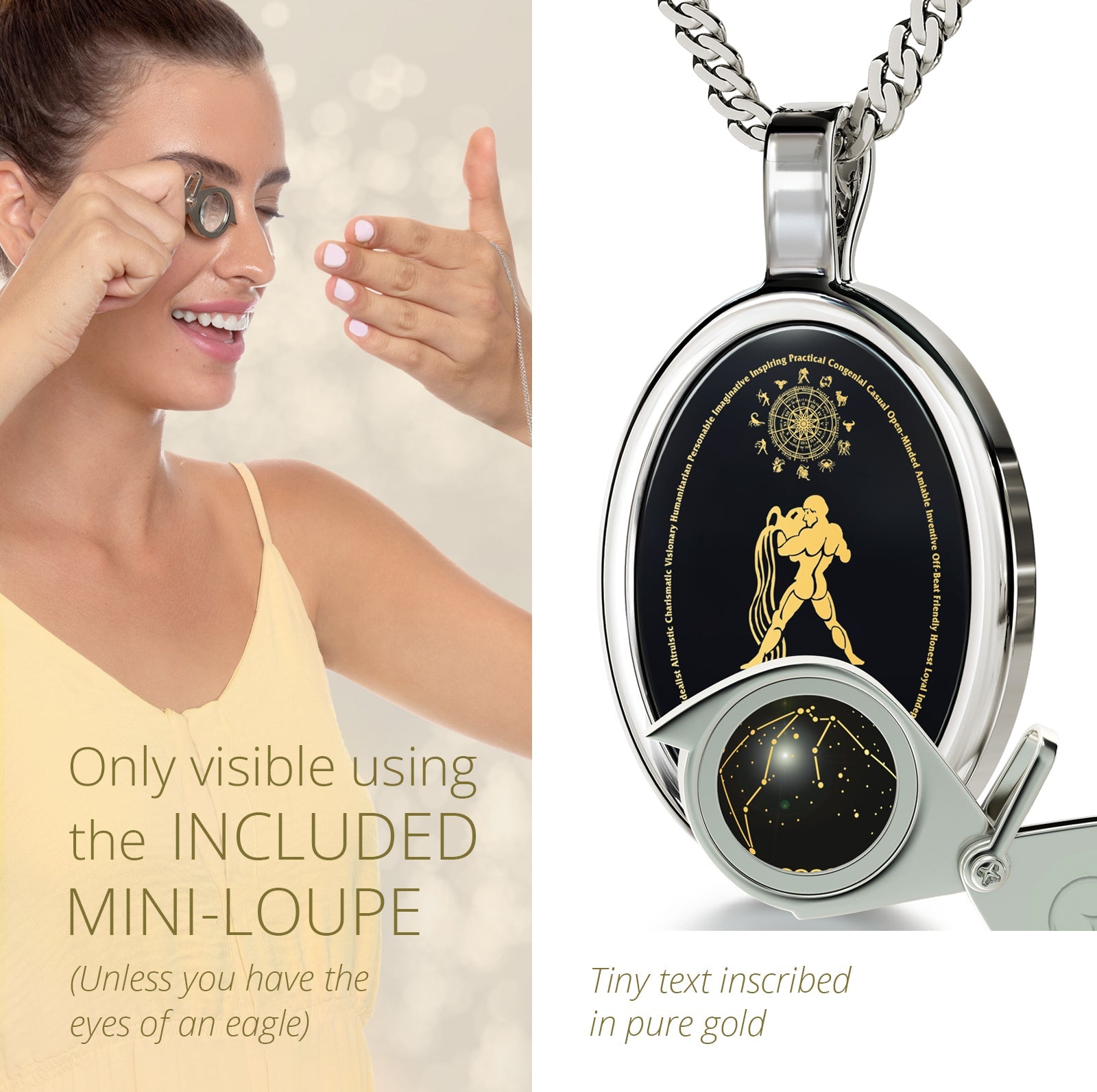 Circular design of an Aquarius Necklace Zodiac Pendant on a necklace featuring the water-bearer symbol and constellation with decorative elements and texts detailing personality traits, all beautifully crafted in 24k gold inscribed on Onyx Stone.
