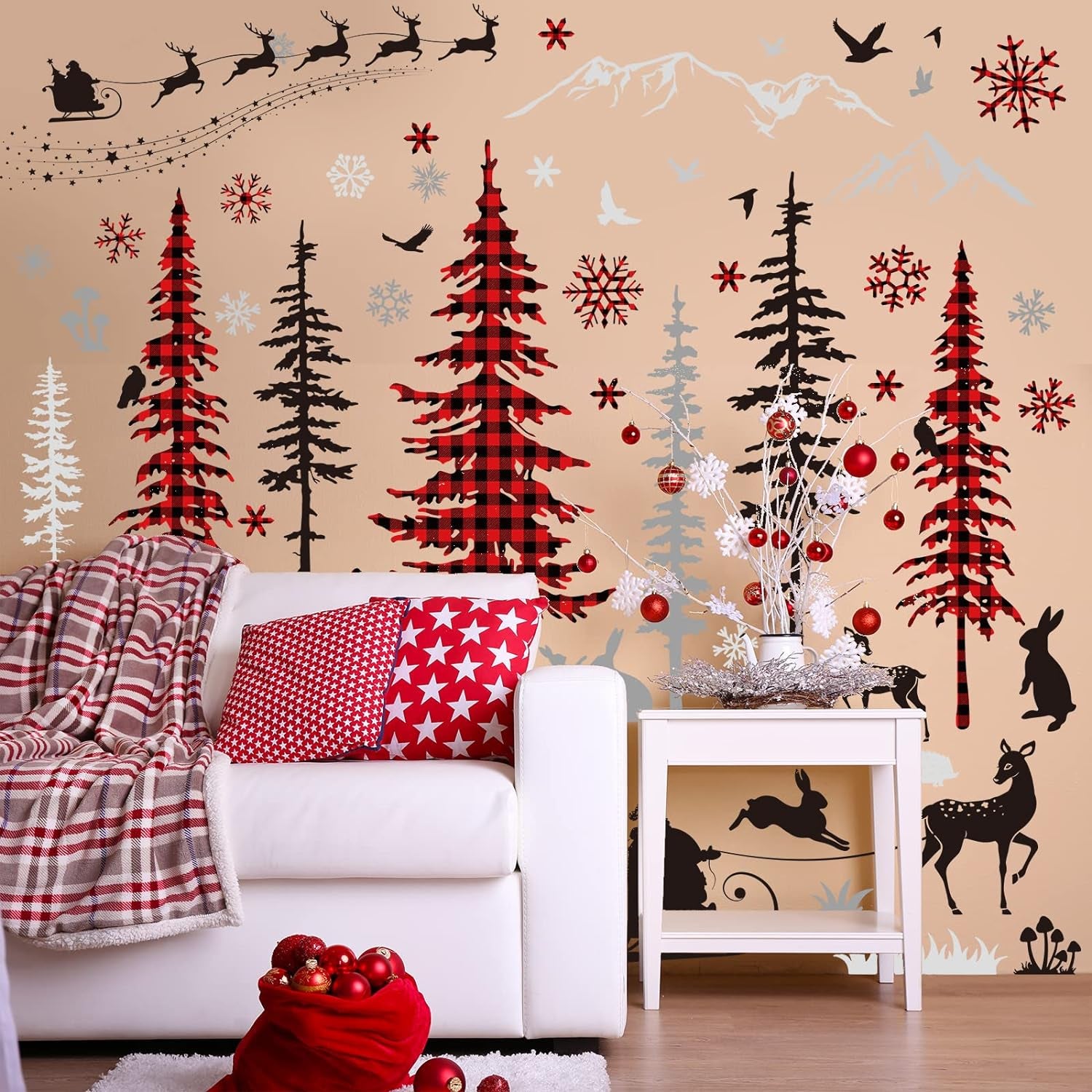 Christmas Wall Stickers Roll Red Black Plaid Xmas Tree Wall Floor Decor Forests Animals Prints Waterproof Art Wallpaper Winter Scenes Double Side Window Decals for Xmas DIY Home Party Decor