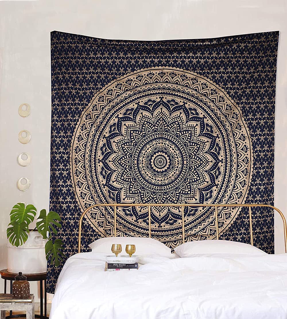 Top Selling Original Gold Mandala Ombre Tapestry Wall Hanging, Boho Bohemian Hippie Tapestries/Indian Cotton Dorm Decor Golden Twin Bedspread/Meditation Yoga Mat Rug 52X60 Inches