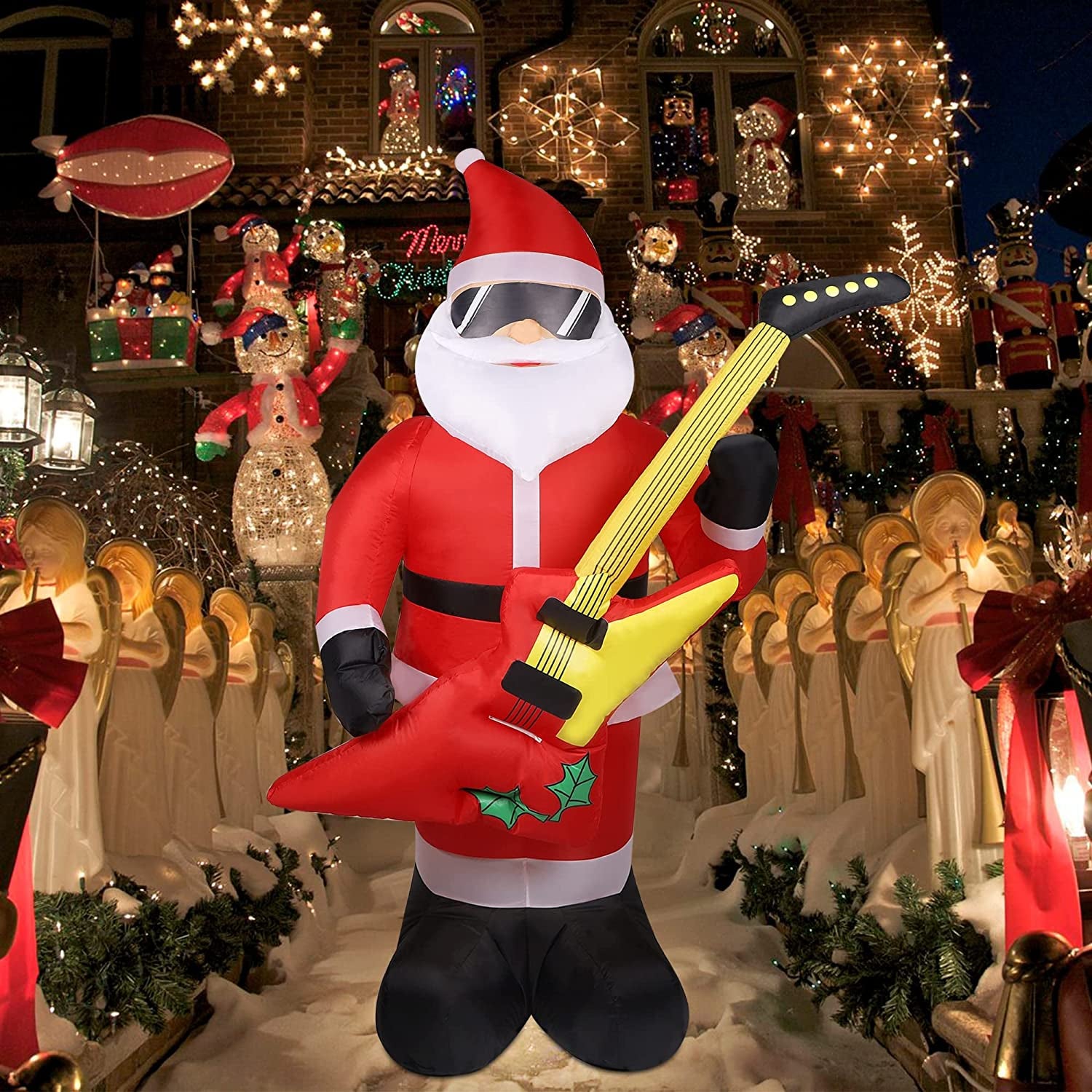 7 FT Christmas Inflatable Santa Claus with Bass Guitar, Blow up Santa Wearing Sunglasses, Unique Lighted Xmas Decorations for Indoor Outdoor Yard Garden Lawn Holiday Party Decor