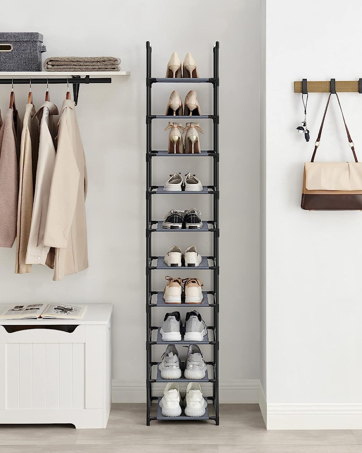 Shoe Rack, 10 Tier Shoe Shelf, Shoe Storage Organizer, Space-Saving, 13 X 13 X 68.1 Inches, Metal Frame, Non-Woven Fabric Shelves, for Entryway, Bedroom, Grey ULSR110G01