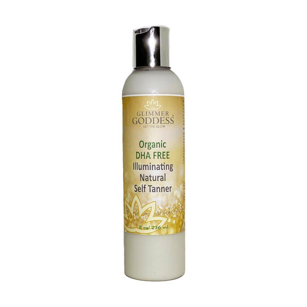 White bottle of Organic DHA FREE Natural Sunless Tanner with Erythrulose-enriched, natural self tanning lotion with a silver cap, displayed against a plain background.