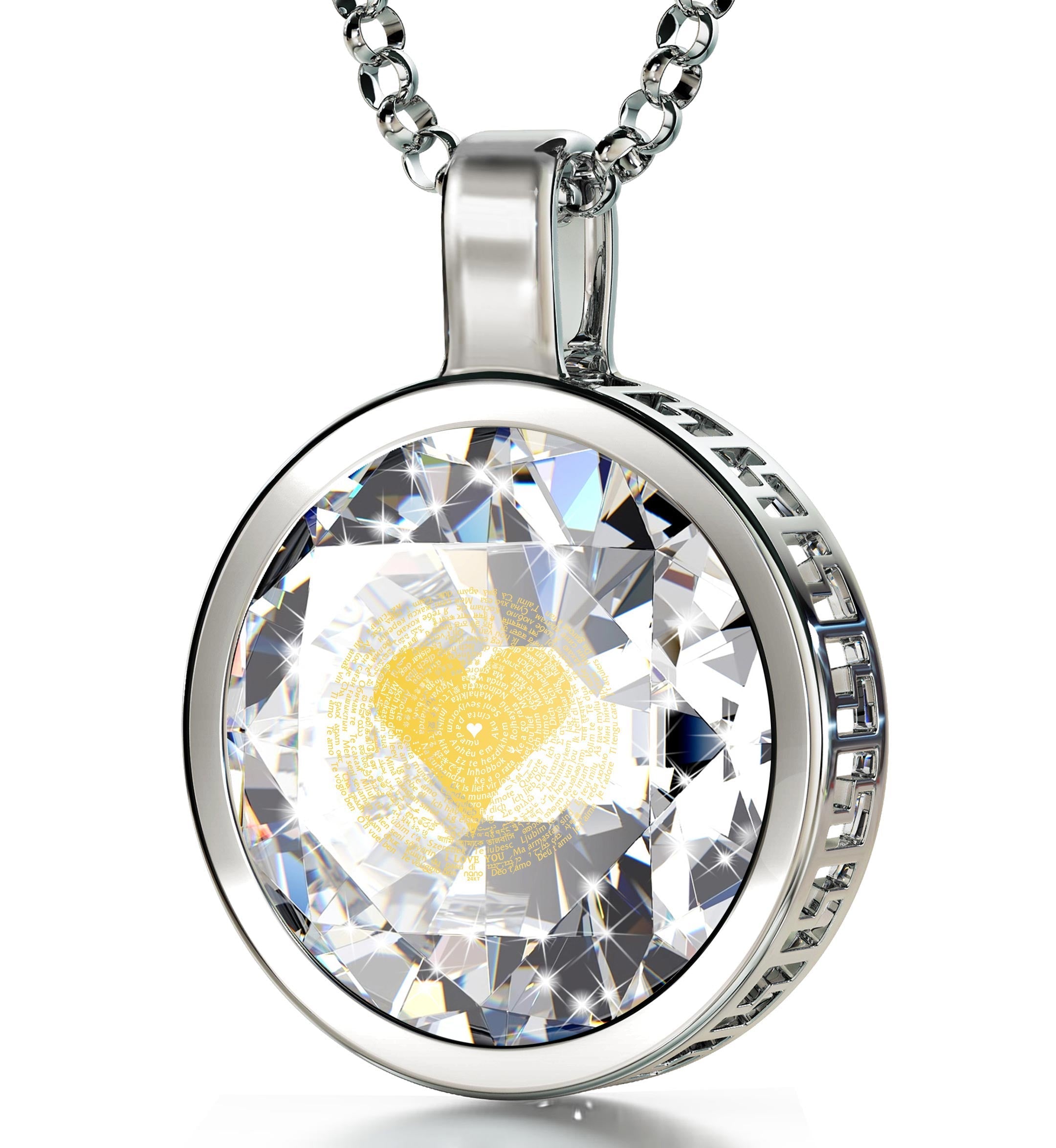 Close-up of a pin with a multifaceted 925 Sterling Silver I Love You Necklace 24k Gold Inscribed 120 Languages pendant design featuring a central heart made of word art within a circular frame.