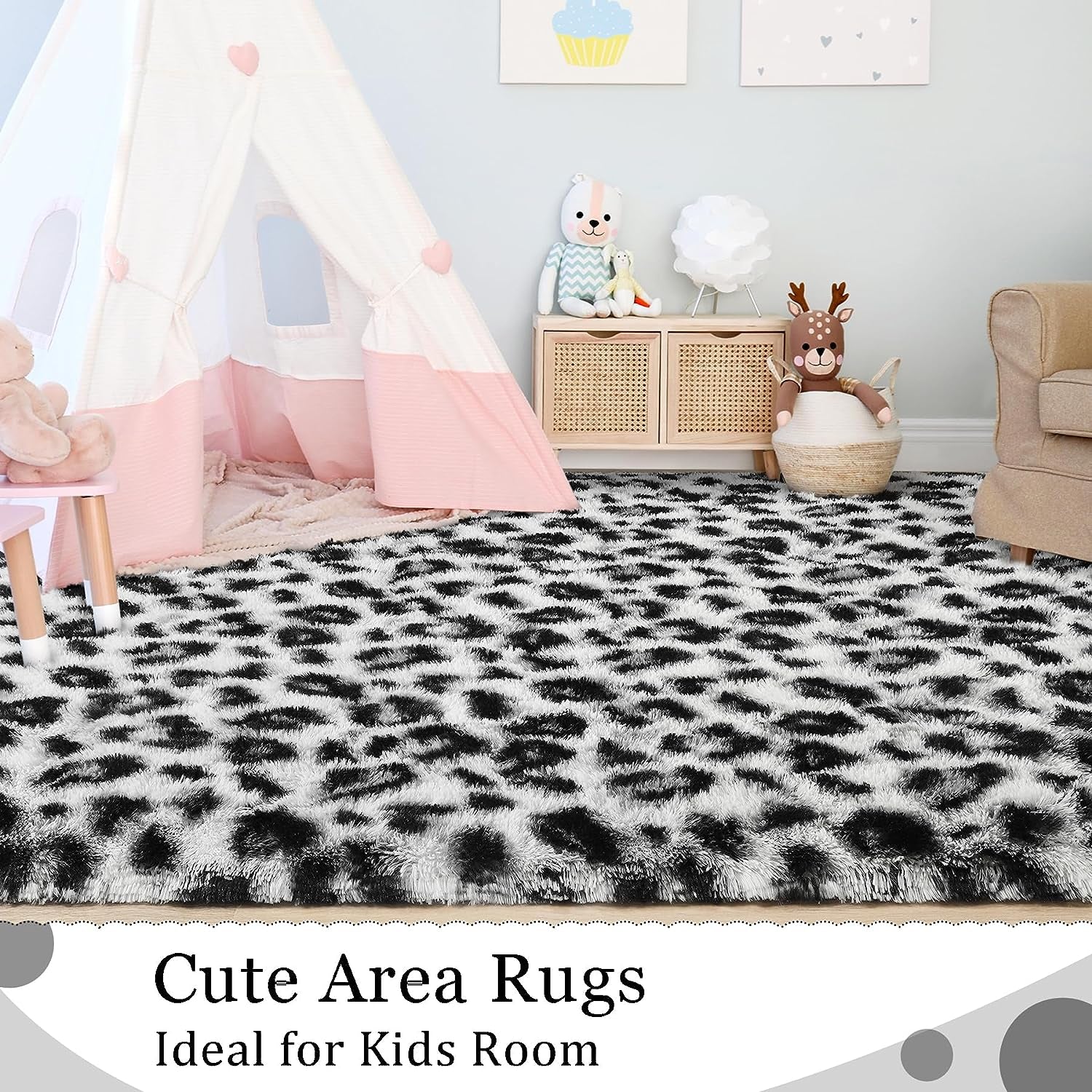 Fluffy Bedroom Rug Leopard Rug for Living Room Black and White Area Rug 4X6 Ft Cute Cheetah Print Rug for Kids Girls Boys Nursery Room Decor Alfombras Para Salas