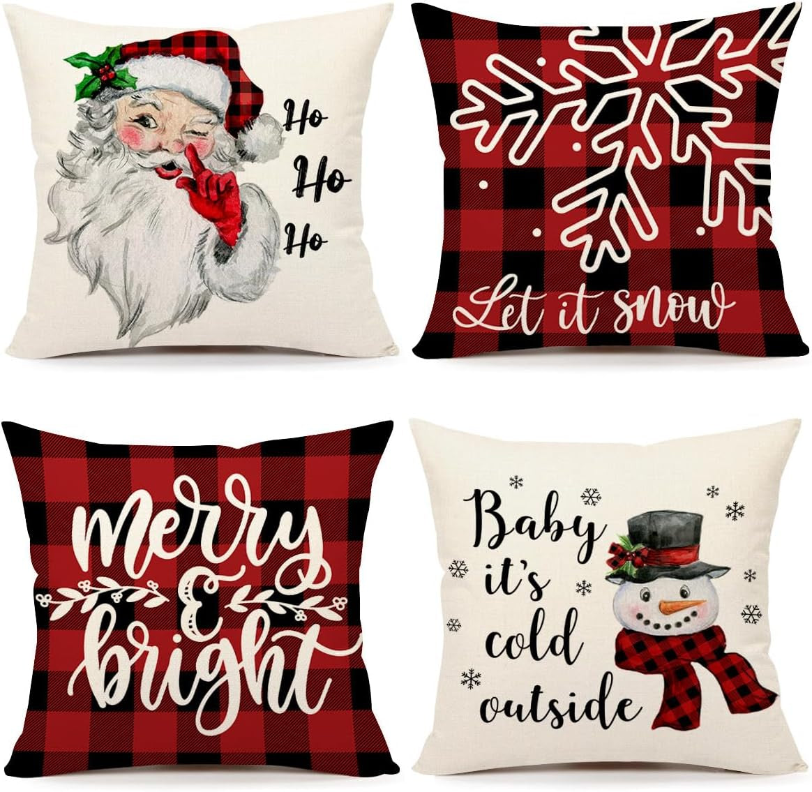 Christmas Pillow Covers 18X18 Set of 4 Farmhouse Christmas Decor Red Black Buffalo Plaids Winter Holiday Decorations Throw Cushion Case for Home Couch