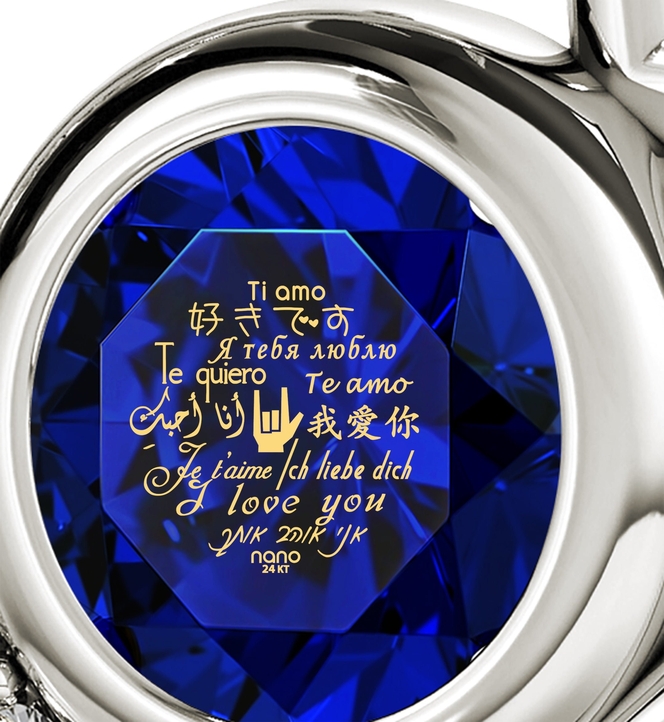 Close-up of a 925 Sterling Silver I Love You Heart Pendant Necklace with a blue gemstone inscribed with "i love you" in multiple languages, perfect as an anniversary gift.