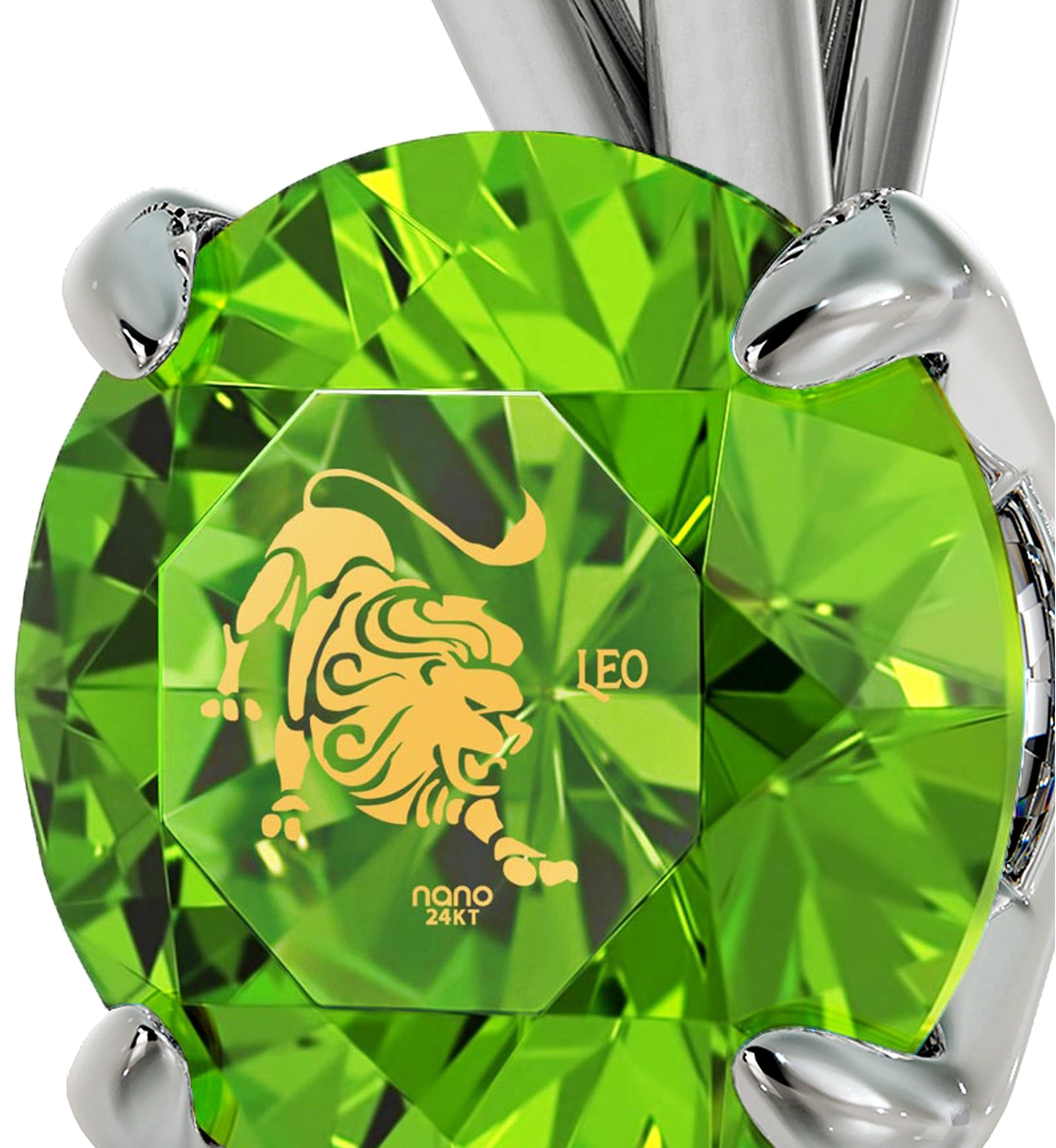 925 Sterling Silver Leo Necklace Zodiac Pendant with Green Gemstone, accompanied by a small tag with "nano jewelry" inscribed.