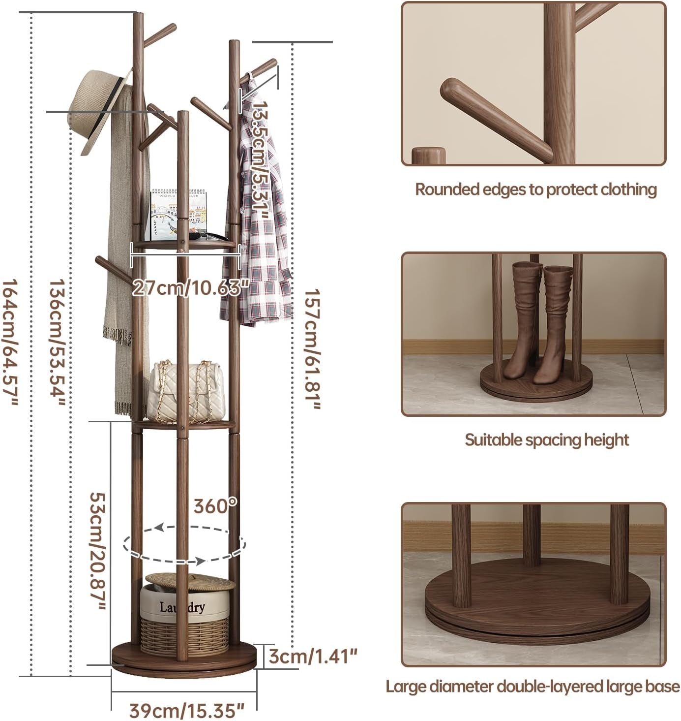 KASLANDI Coat Rack Stand with 3 Shelves and 9 Hooks Rotary Freestanding,Fas Grade Rubber Wood, Sturdy and Easy Assembly Wooden Coat Tree (Walnut)