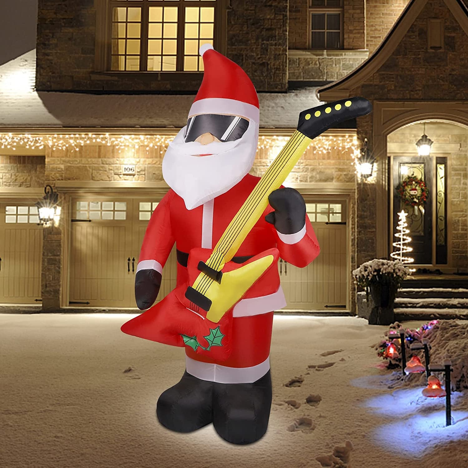 7 FT Christmas Inflatable Santa Claus with Bass Guitar, Blow up Santa Wearing Sunglasses, Unique Lighted Xmas Decorations for Indoor Outdoor Yard Garden Lawn Holiday Party Decor