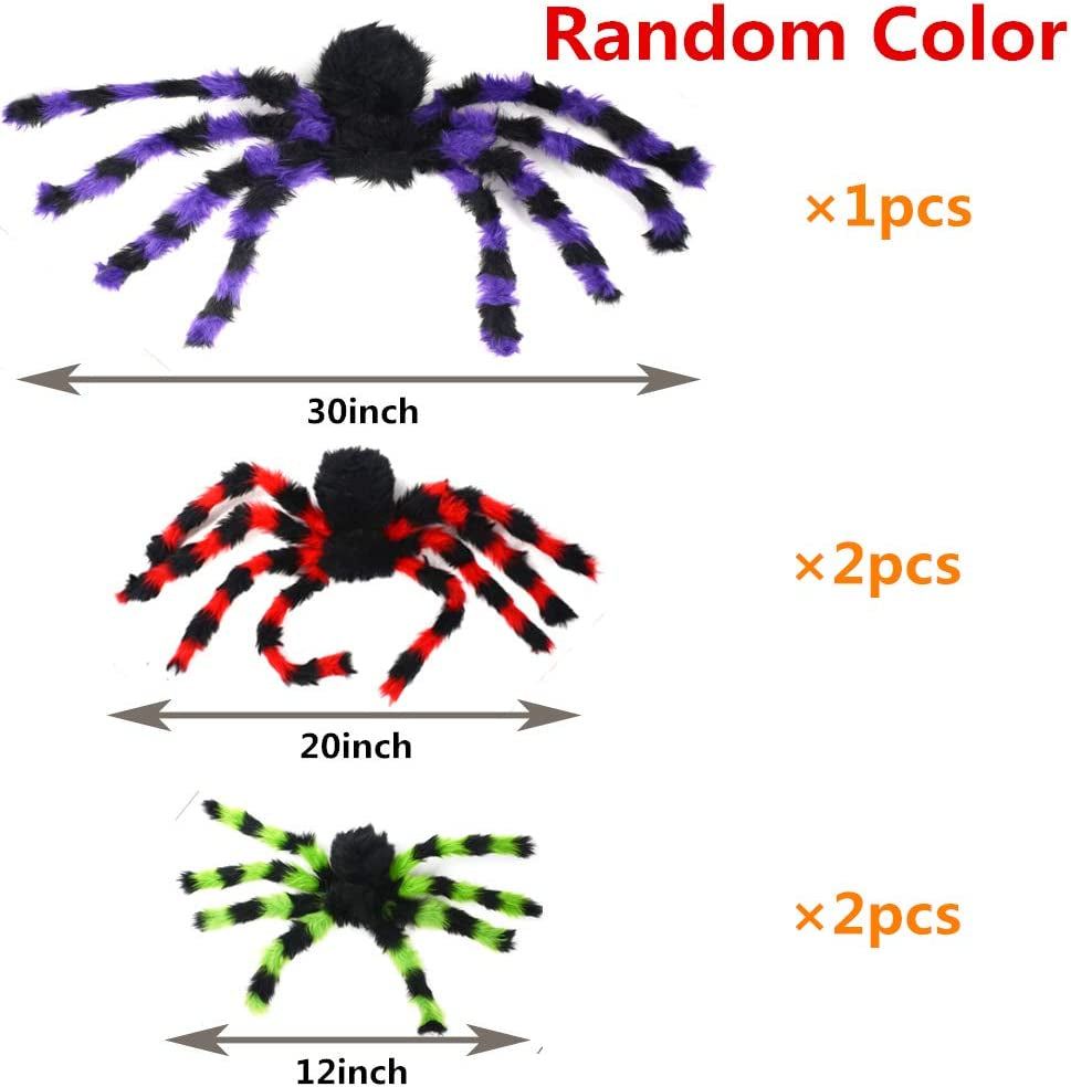 5Pcs Halloween Spider Giant Spider with Red Eyes Colorful Hairy Scary Halloween Spider Decorations for Indoor,Outdoor(1Pcs 30",2Pcs 20",2Pcs 12")