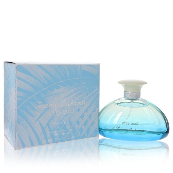 A Tommy Bahama Very Cool Eau De Parfum Spray 3.4 Oz For Women bottle in front of a box.