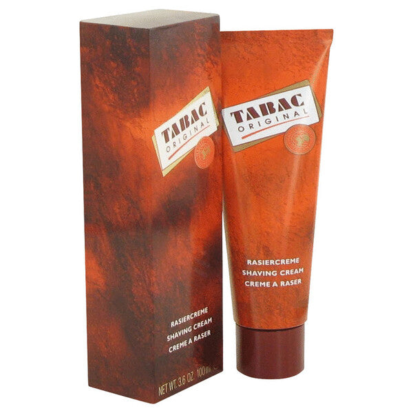 A tube of Tabac Shaving Cream 3.4 Oz For Men in front of a box.