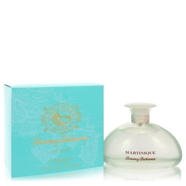 A bottle of Tommy Bahama Set Sail Martinique Eau De Parfum Spray 3.4 Oz For Women with a box in front of it.