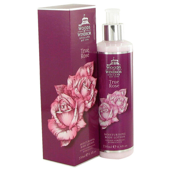 A bottle of True Rose Body Lotion 8.4 Oz For Women next to a box.
