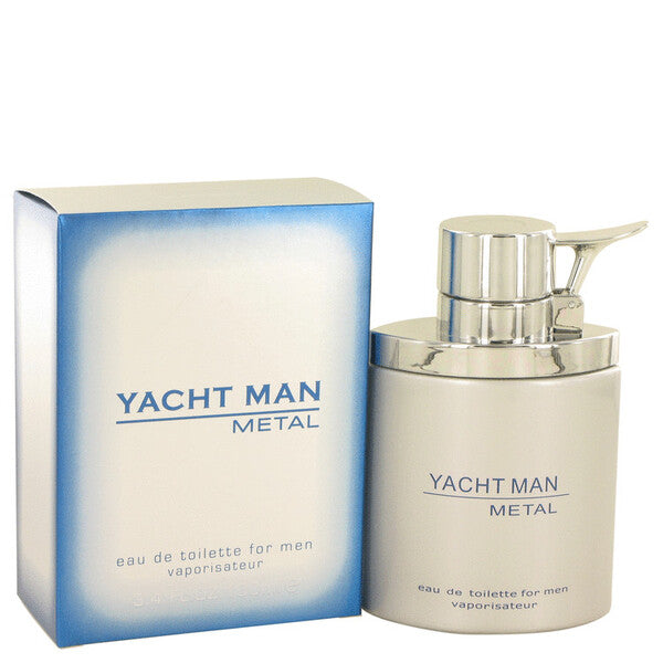 A bottle of Yacht Man Metal Eau De Toilette Spray 3.4 Oz For Men cologne.