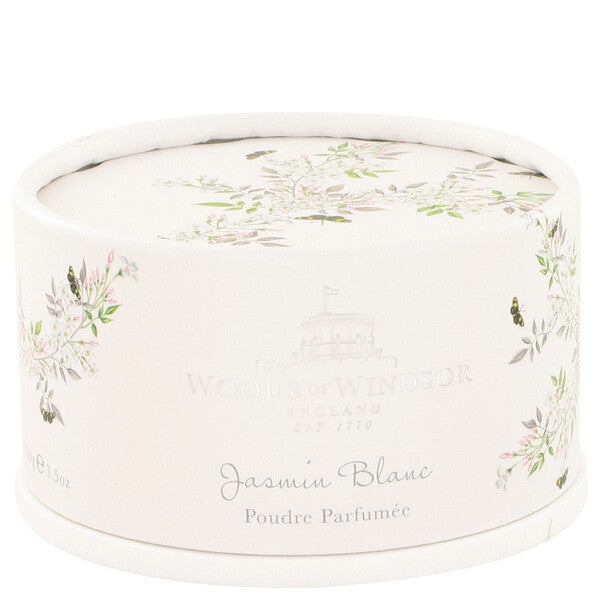 A White Jasmine Dusting Powder 3.5 Oz for Women in a tin with flowers on it.