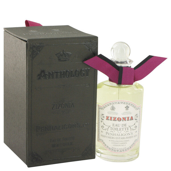 A bottle of Zizonia Eau De Toilette Spray 3.4 Oz For Men with a bow on it.