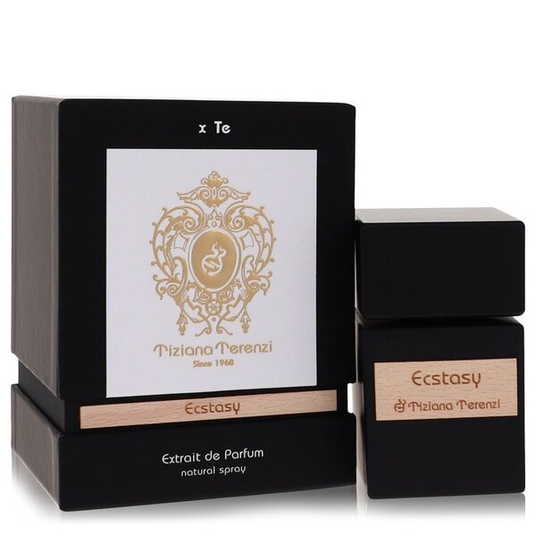 A bottle of Tiziana Terenzi Ecstasy Extrait De Parfum Spray (unisex) 3.4 Oz For Women with a box next to it.