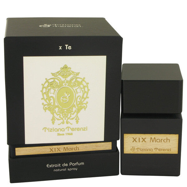 A bottle of Tiziana Terenzi Xix March Extrait De Parfum Spray (unisex) 3.38 Oz For Women with a box next to it.
