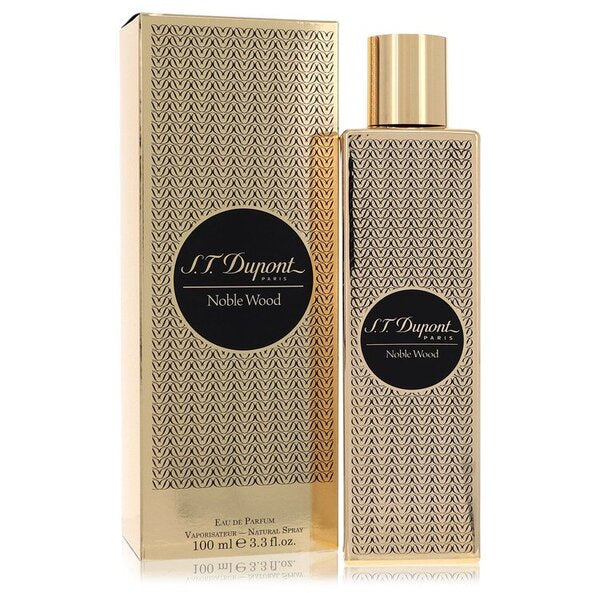 A bottle of St Dupont Noble Wood Eau De Parfum Spray (unisex) 3.3 Oz For Women with a gold box next to it.
