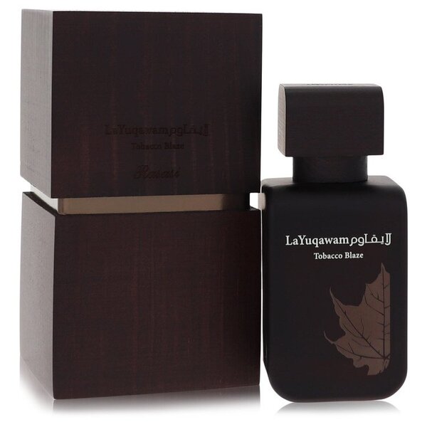 A bottle of Tobacco Blaze Eau De Parfum Spray 2.5 Oz For Men with a box next to it.