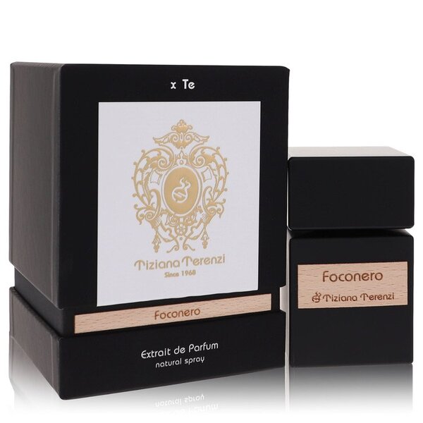 A bottle of Tiziana Terenzi Foconero Extrait De Parfum Spray (unisex) 3.38 Oz For Women with a box next to it.