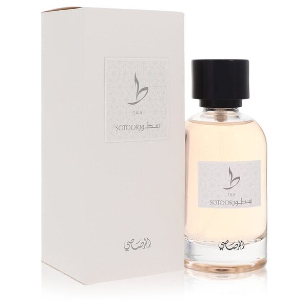 A bottle of Sotoor Taa Eau De Parfum Spray 3.33 Oz For Women with a box next to it.