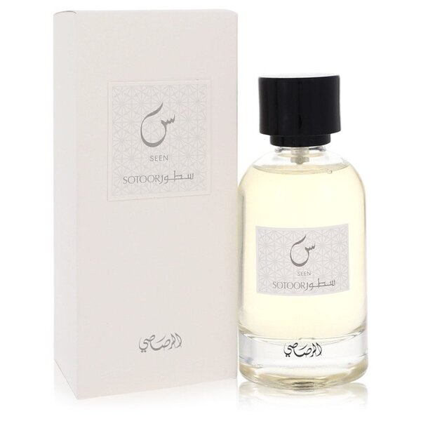 A bottle of Sotoor Seen Eau De Parfum Spray 3.33 Oz For Women with a box next to it.
