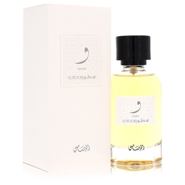 A bottle of Sotoor Waaw Eau De Parfum Spray 3.33 Oz For Women with a box next to it.