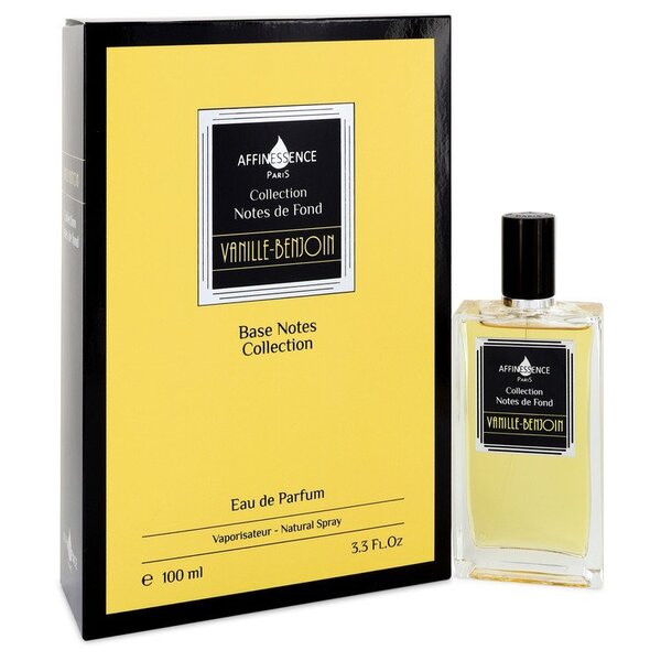 A bottle of Vanille Benjoin Eau De Parfum Spray (unisex) 3.4 Oz For Women in front of a yellow box.