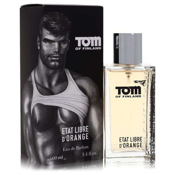 A bottle of Tom Of Finland Eau De Parfum Spray 3.4 Oz For Men orange edt cologne.