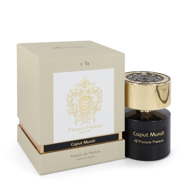 A bottle of Tiziana Terenzi Caput Mundi Extrait De Parfum Spray 3.38 Oz For Women with a gold box next to it.