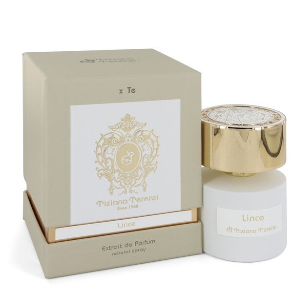 A bottle of Tiziana Terenzi Lince Extrait De Parfum Spray 3.38 Oz For Women with a gold box next to it.