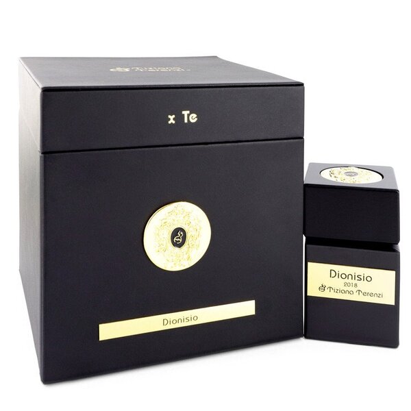 A Tiziana Terenzi Dionisio Extrait De Parfum Spray 3.38 Oz For Women with a gold box next to it.
