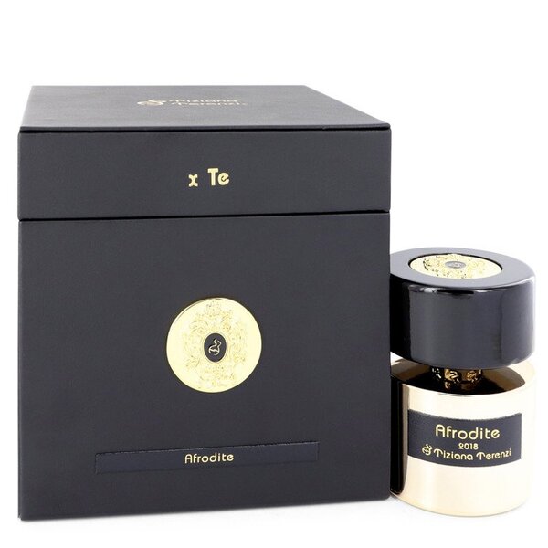 A bottle of Tiziana Terenzi Afrodite Extrait De Parfum Spray 3.38 Oz For Women with a gold box next to it.