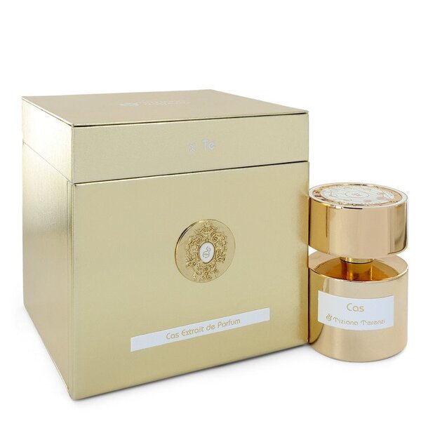 A Tiziana Terenzi Cas Extrait De Parfum Spray (unisex) 3.38 Oz For Women box next to a gold perfume bottle.