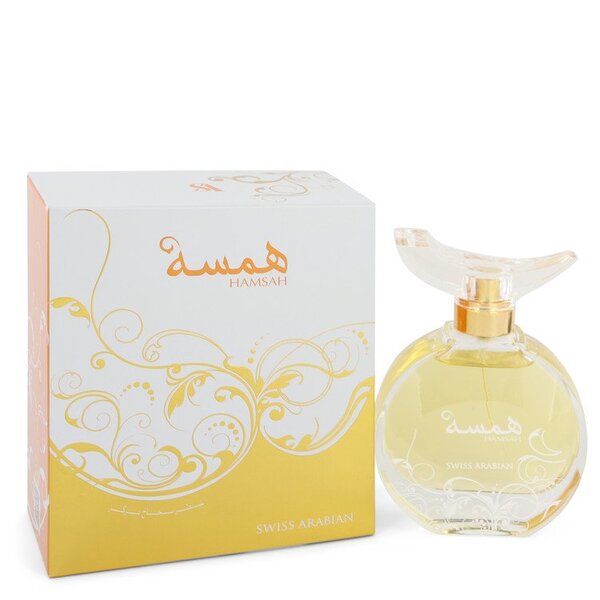 A Swiss Arabian Hamsah Eau De Parfum Spray 2.7 Oz For Women with a box in front of it.