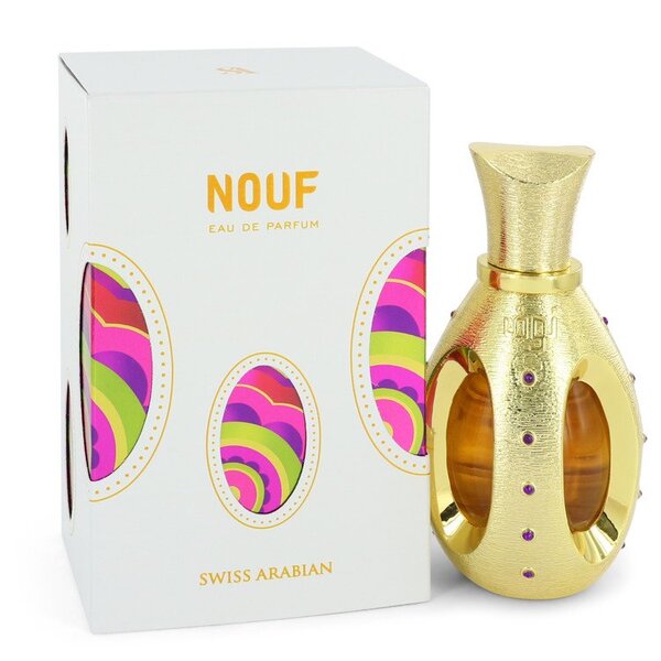 A bottle of Swiss Arabian Nouf Eau De Parfum Spray 1.7 Oz For Women in a box.