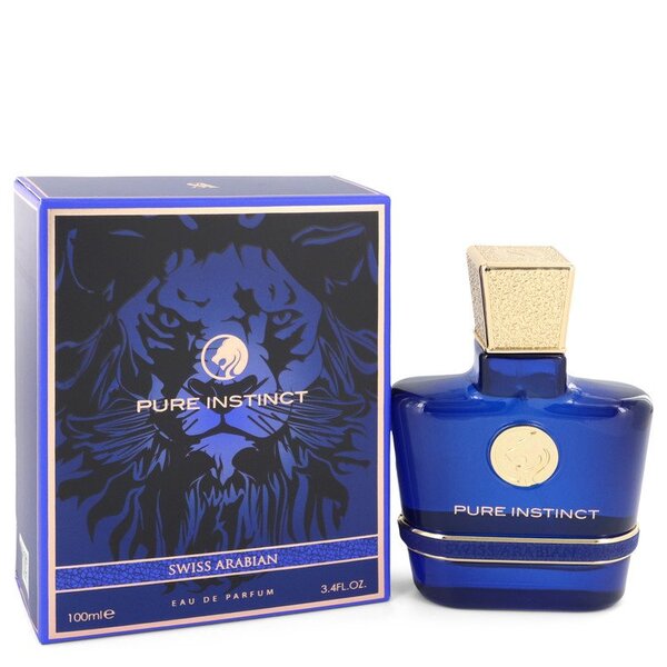 A Swiss Arabian Pure Instinct Eau De Parfum Spray 3.4 Oz For Men with a blue lion on it.