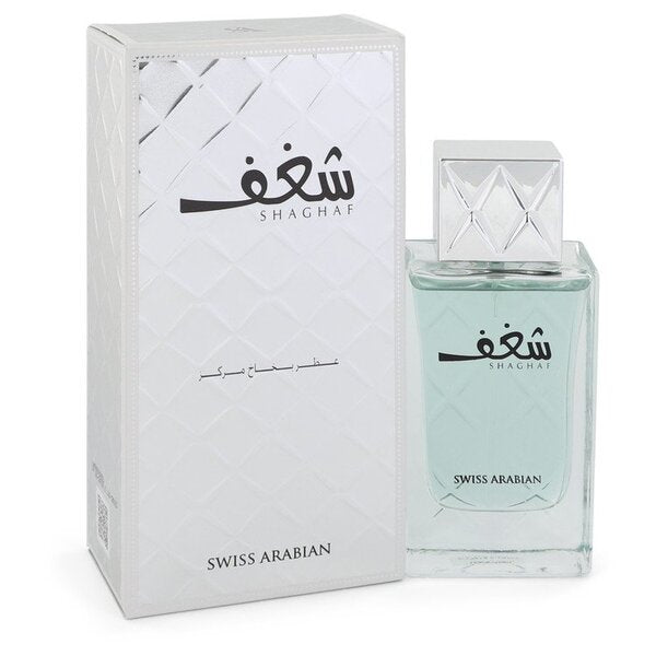 A bottle of Swiss Arabian Shaghaf Eau De Parfum Spray 2.5 Oz For Men next to a box.