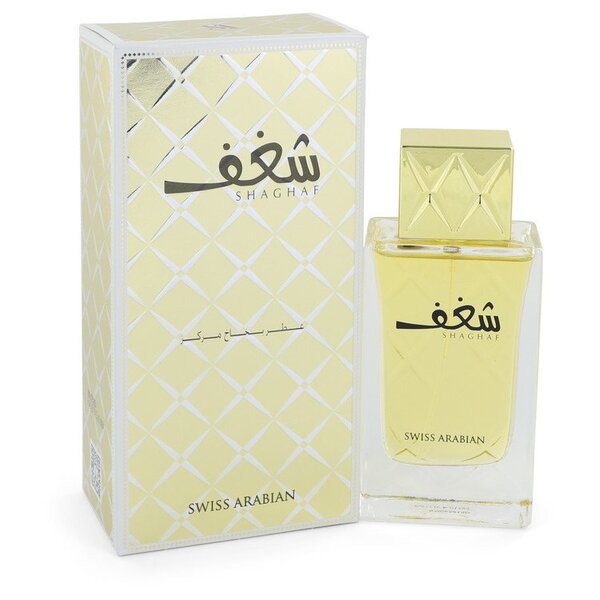 A bottle of Swiss Arabian Shaghaf Eau De Parfum Spray 2.5 Oz For Women with arabic writing on it.