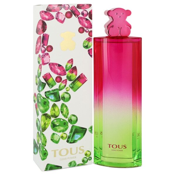 A bottle of Tous Gems Power Eau De Toilette Spray 3 Oz For Women with a pink and green teddy bear.