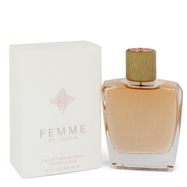 A bottle of Usher Femme Eau De Parfum Spray 3.4 Oz For Women with a box next to it.