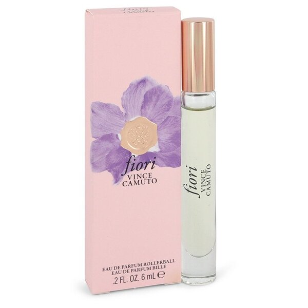 A bottle of Vince Camuto Fiori Mini Edp Rollerball 0.2 Oz For Women with a purple flower on it.