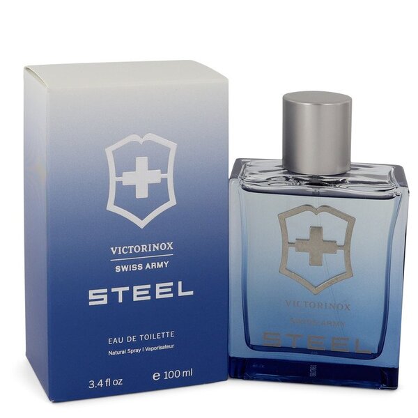A bottle of Swiss Army Steel Eau De Toilette Spray 3.4 Oz for men.