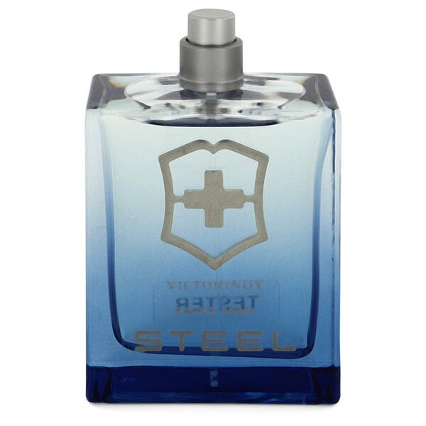 A bottle of Swiss Army Steel Eau De Toilette Spray (tester) 3.4 Oz For Men on a white background.